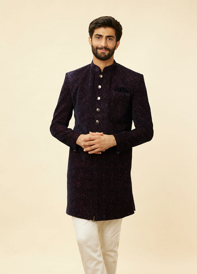 Buy Deep Blue And Wine Imperial Patterned Indo Western Set Online In